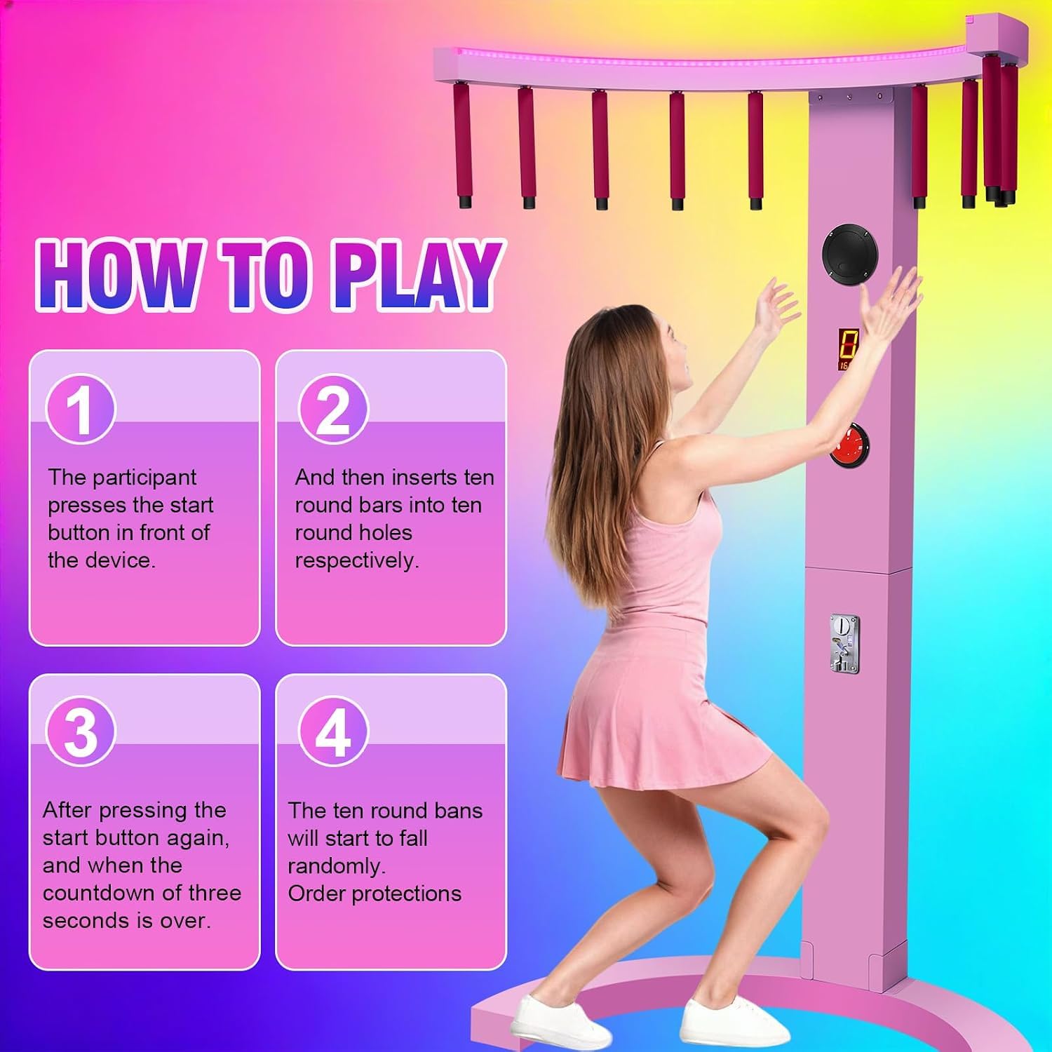 Fangstab-spielautomat – Münzbetriebenes Hand-Augen-koordinations- Und Reflexspiel Mit Stöcken Für Partys, Karneval, Bars, Familienspieleabende Und Unternehmen Pink