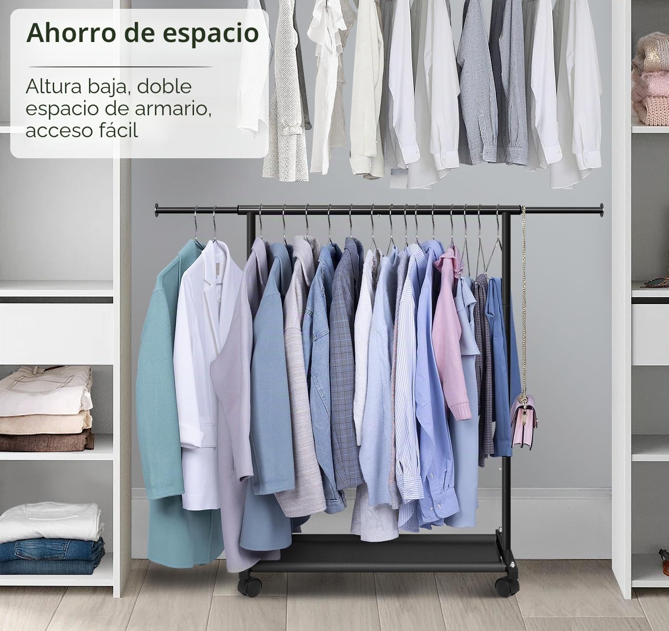 MISSLO Perchero corto para colgar ropa con estantes inferiores y ruedas, perchero resistente con ruedas para abrigos de adultos, armario, armario (negro)