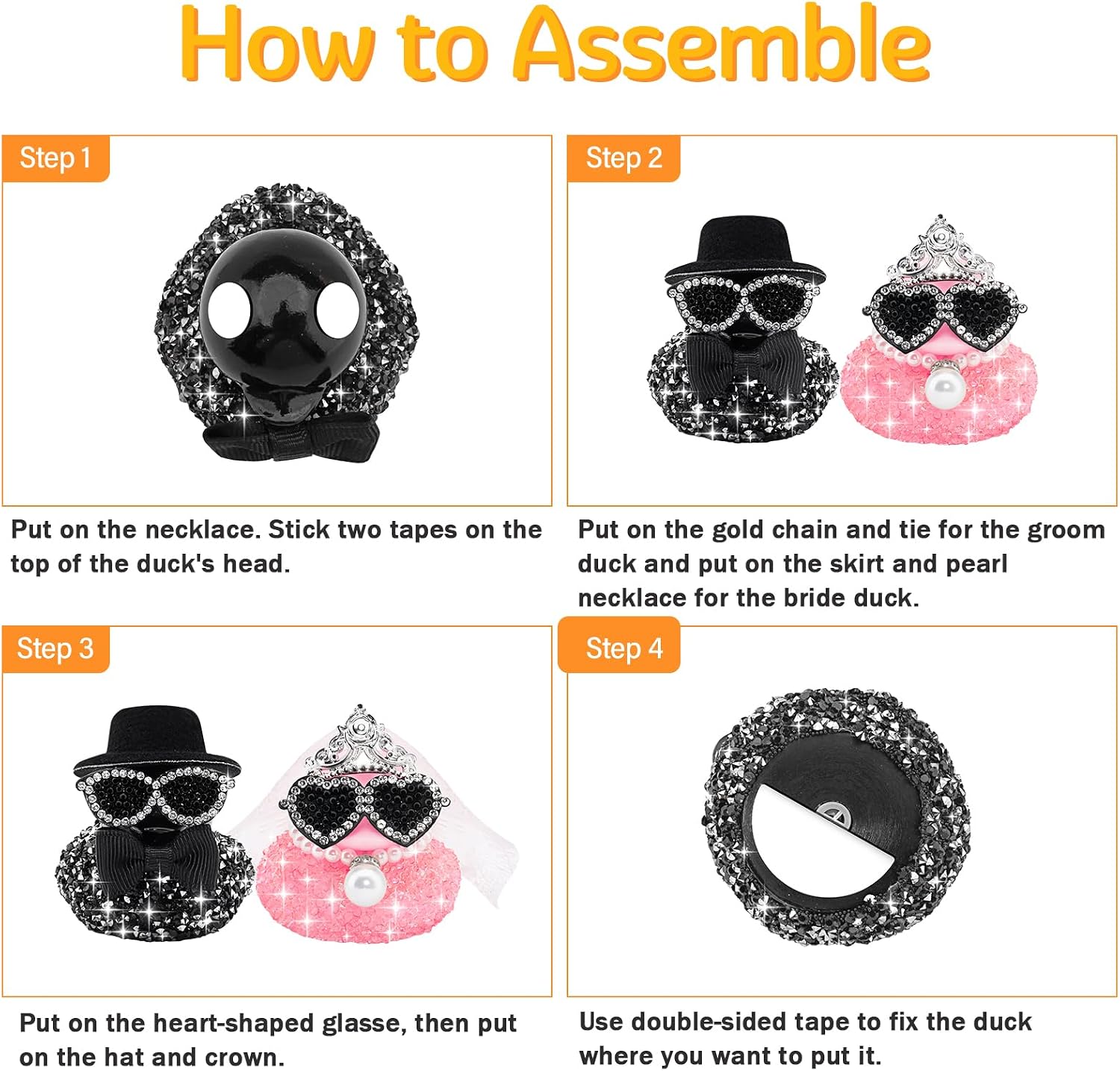 wonuu Mini Sparkly Diamond-Studded Wedding Rubber Duck, Groom Bride Couple Duckies Set Bling Rhinestones Ducky, Three-Pointed Crown