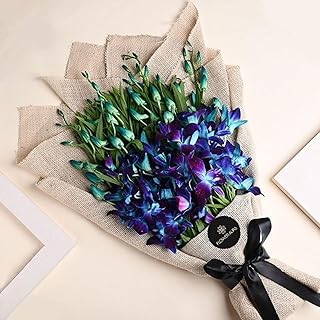 FlowerAura Premium Fresh Live Flower Bouquet of Enchanting 6 Blue Flowers In Jute Packing Gift For Birthday | Anniversary Price In India