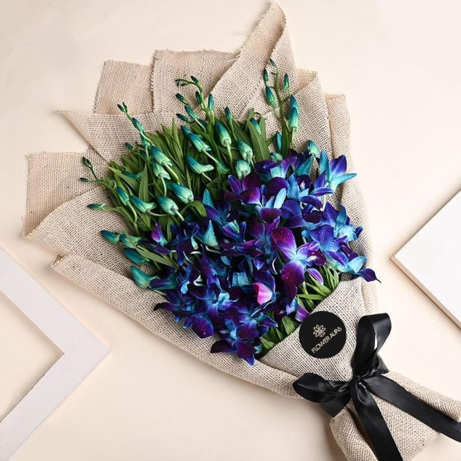 FlowerAura Premium Fresh Live Flower Bouquet of Enchanting 6 Blue Flowers In Jute Packing Gift For Birthday | Anniversary | Romantic Surprise | Women’s Day | Mother’s Day (Same Day Delivery)
