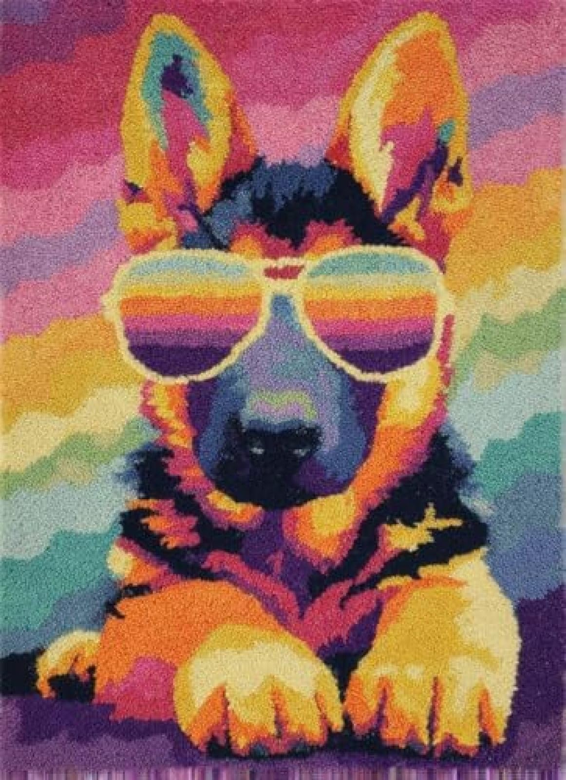 XDEGHUANGSS Latch Hook Rug Kit German Shepherd Dog Puppy Wear Sunglasses Cushion Cover DIY Craft Set Pre-Printed Mat 38x52cm for Home Decor