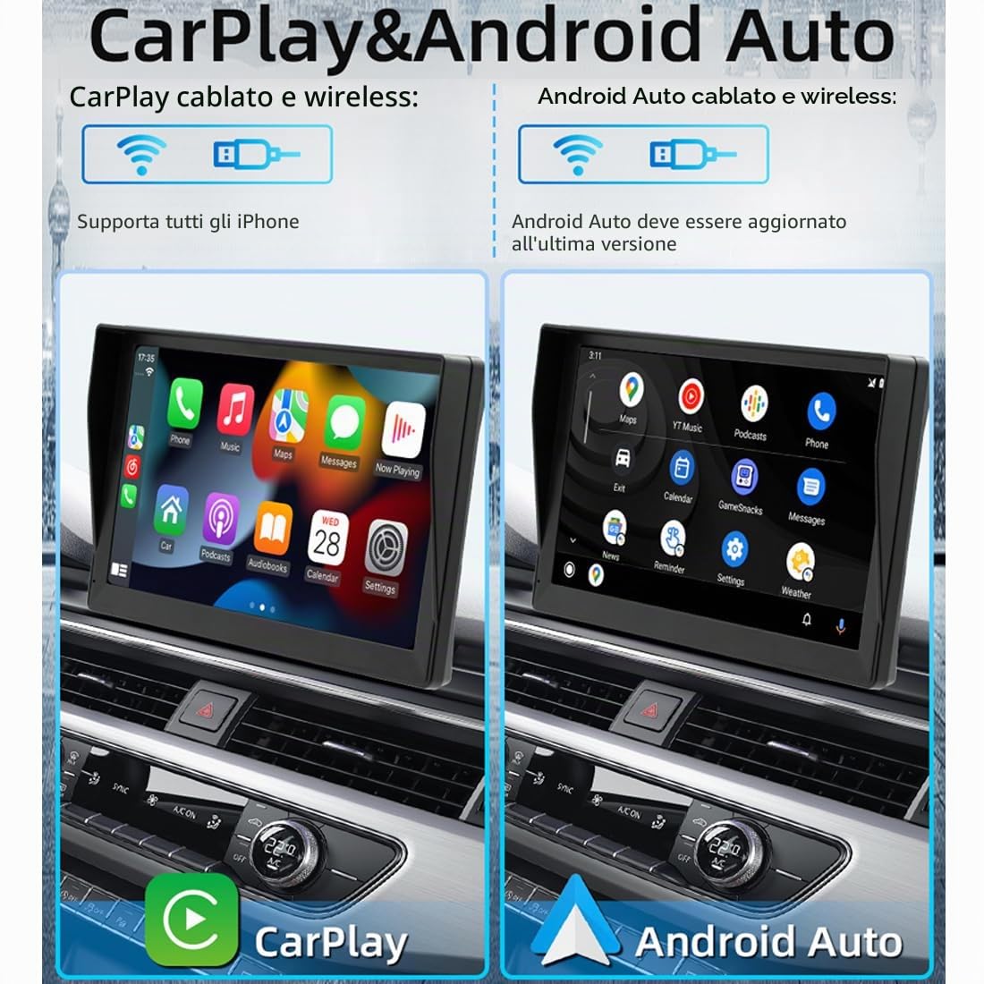 Portatile Autoradio wireless Apple CarPlay e Android Auto con parasole, monitor touchscreen da Autoradio Bluetooth con telecamera di backup, DVR, Mirror Link/Trasmettitore FM/AUX per veicoli 12V-24V