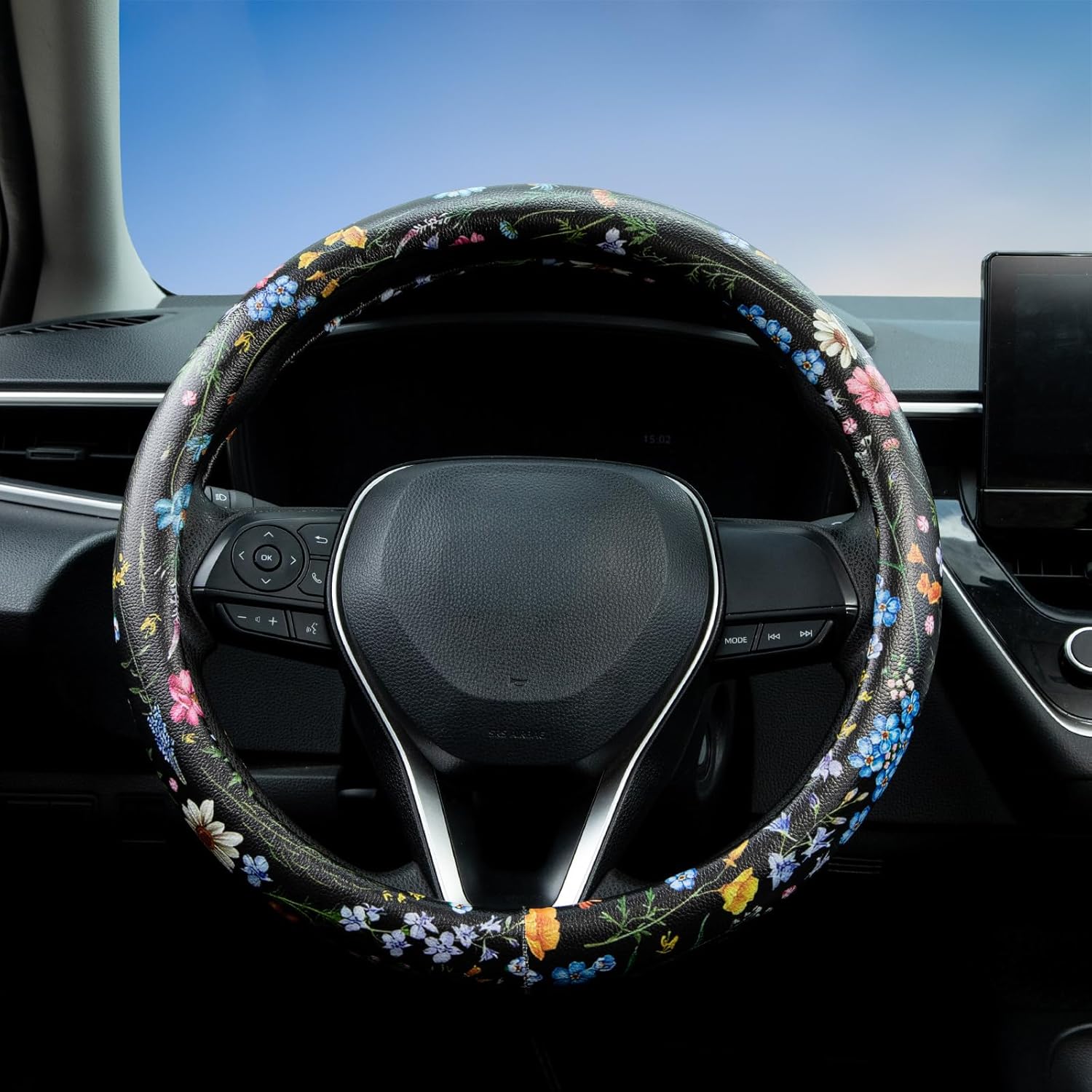 Multicolor Wildflower Steering Wheel Cover Auto Jacquard Steering Wheel Protector, Anti-Slip, Breathable, Absorbing Sweat, Universal Car Accessories 14.5–15 inch,Fit for Most Car, Trucks, SUV