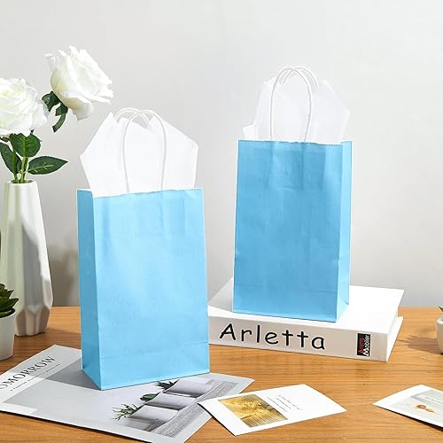Miniatura 4 de DjinnGlory Paquete de 100 bolsas de papel azules de tamaño pequeño con asas a granel para mercancías, regalos de Navidad, bolsas de regalo de fiesta