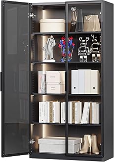 Display Cabinet with Glass Doors Glass Display Cabinet with Ligths Display Case Curo Cabinets with 4 Adjustable Shelves for Home, Office, Clinic, Pantry, Assemble Required,Black