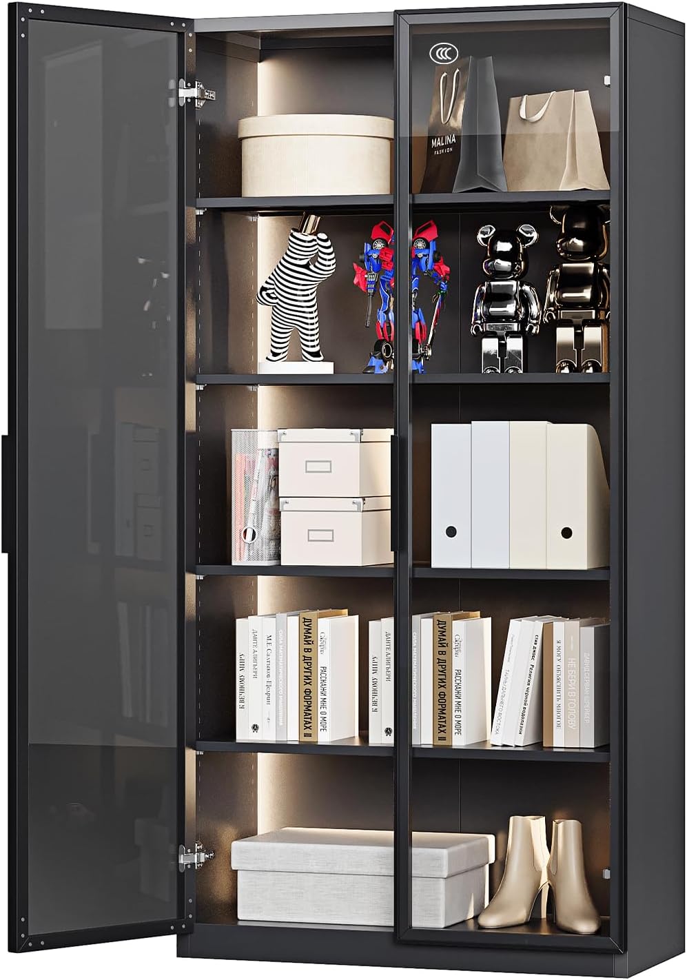 PEUKCDisplay Cabinet with Glass Doors Glass Display Cabinet with Ligths Display Case Curo Cabinets with 4 Adjustable Shelves for Home, Office, Clinic, Pantry, Assemble Required,Black