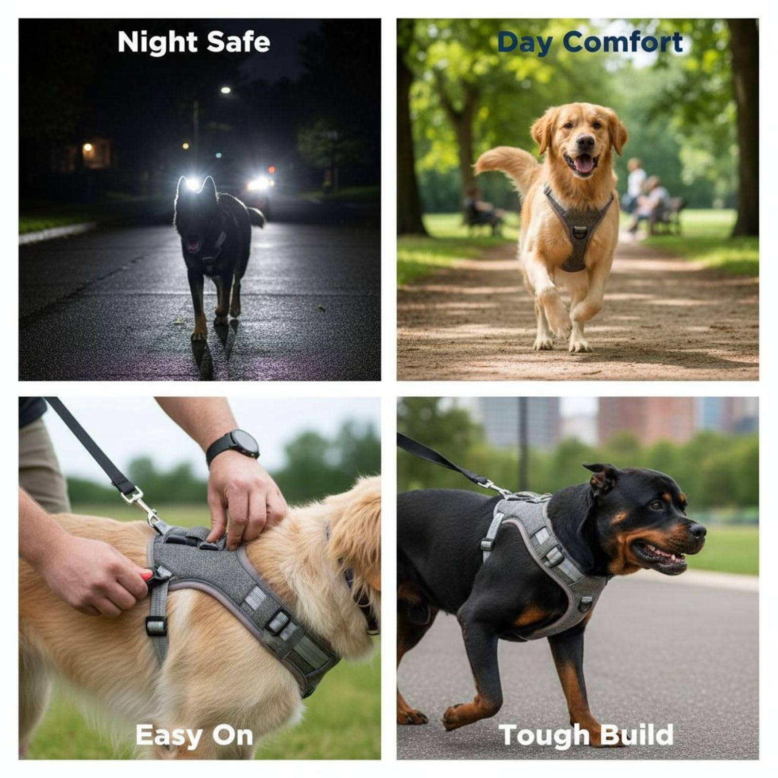Hundegeschirr Grau XL, Hals 23,6 bis 31,5 Zoll, Brust 27,6 bis 37,4 Zoll, stark reflektierend, weich gepolstert, aus Polyesterfaser, bequem für tägliche Spaziergänge
