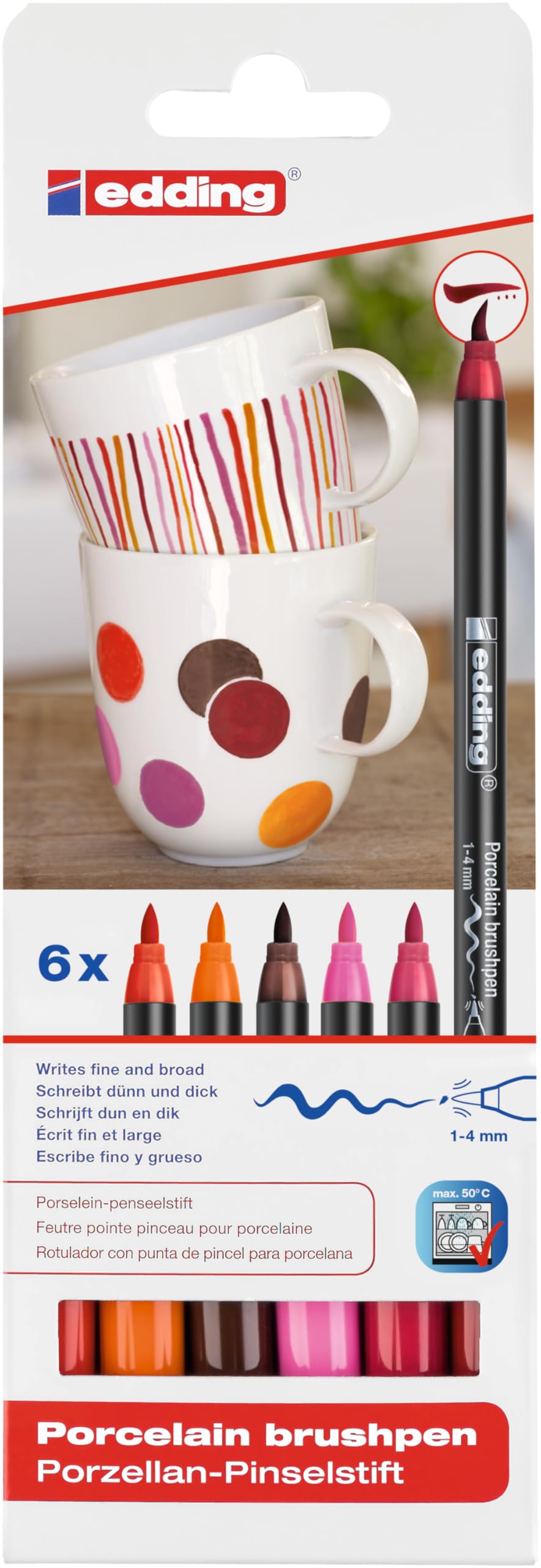 4200 porcelain brush pen - 3x red, orange, brown, pink - 6 pens - brush nib 1-4 mm - felt-nib pen for painting and decorating ceramics, porcelain - dishwasher-safe, lightfast ink, quick-drying
