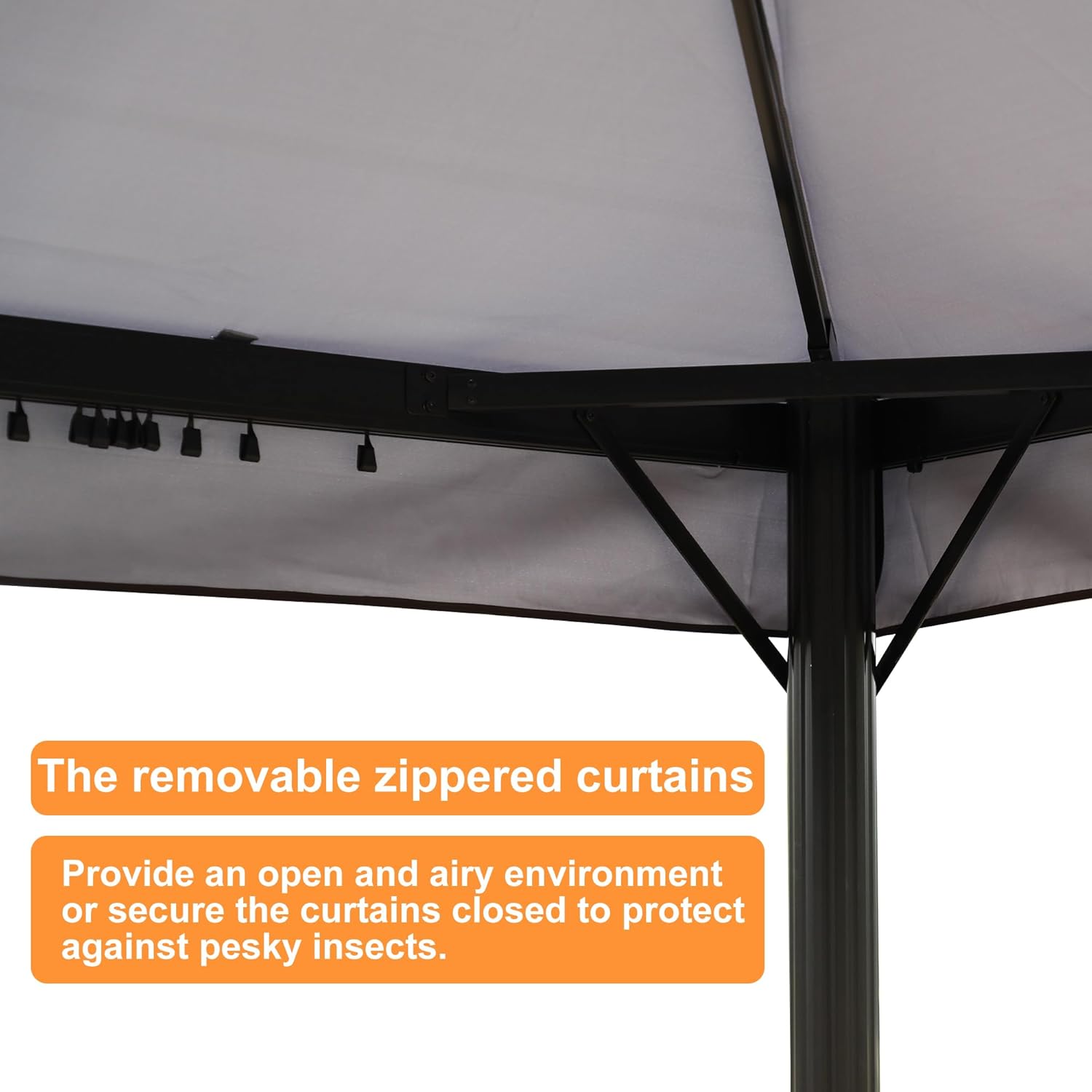 Detail of the removable zippered curtains and attachment points on the MONDAWE Gazebo.