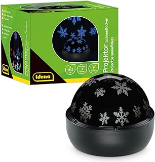 Idena 50146 - Proyector LED copos de nieve, se ilumina en los colores rojo, verde y azul, proyector LED cielo estrellado con 2 modos, para uso en interiores, funciona con pilas, aprox. 16,2 x 13 cm