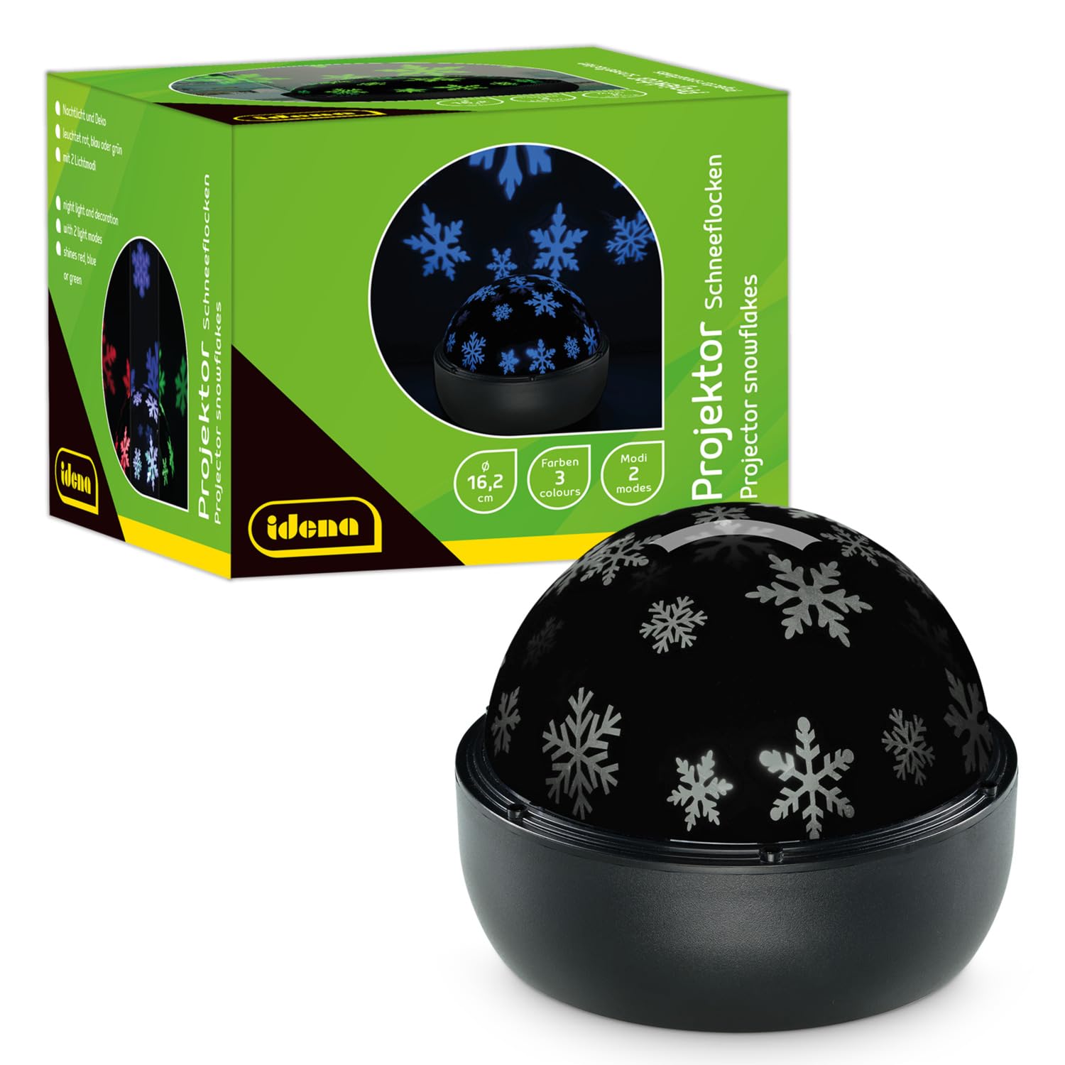Idena 50146 - Projektor LED płatki śniegu, świeci w kolorach czerwonym, zielonym i niebieskim, projektor LED gwiaździste niebo z 2 trybami, zasilany bateryjnie, ok. 16,2 x 13 cm