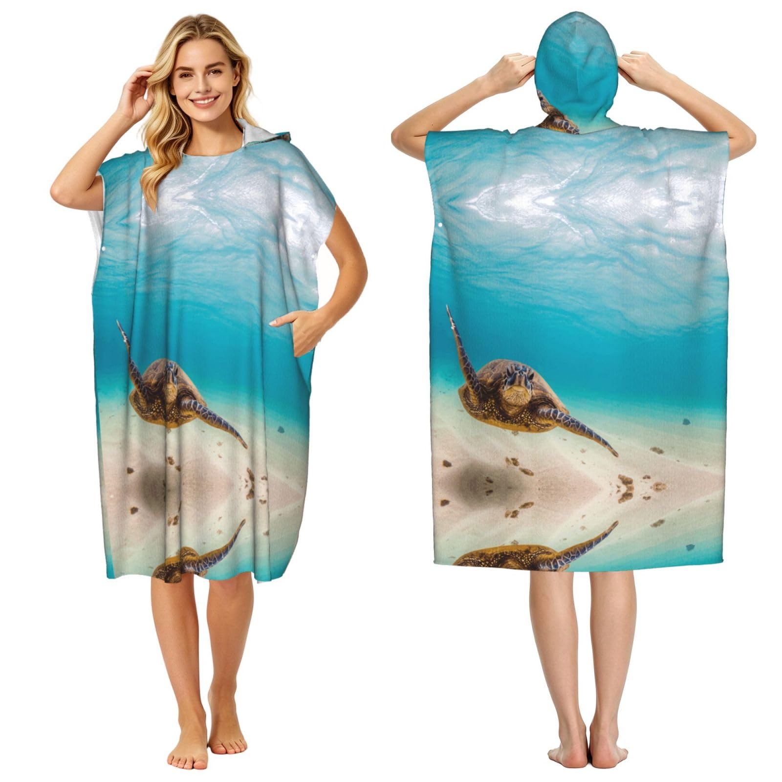 Poncho à capuche tortue de mer en microfibre pour plage et piscine homme et femme
