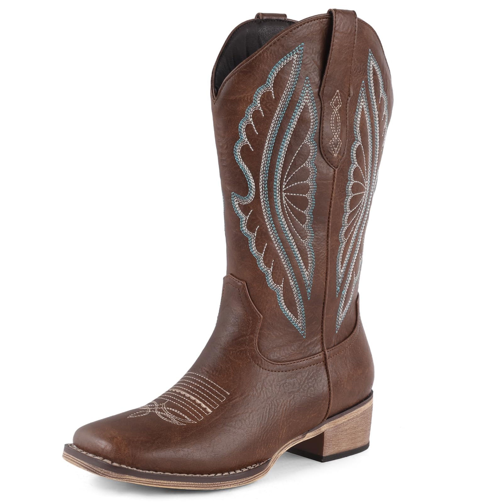 FancyQueen Cowboy Boots for Women Mid Calf Embroidered Cowgirl Boots Western Chunky Heel Pointed Toe country boots for