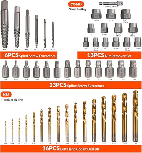 Miniatura 2 de Juego de 49 piezas de extractor de pernos con broca de mano izquierda, juego de extractor de tornillos de servicio pesado, extractor de pernos y