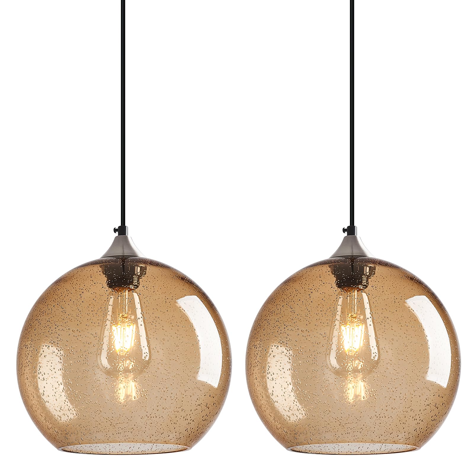 Brown Pendant Lights Kitchen Island 2 Pack, 9.84in Seeded Glass Globe