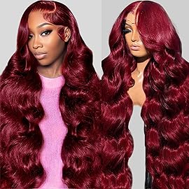 QZOQZO 32 Inch 99J Burgundy Lace Front Wigs Human Hair 13x6 HD Transparent Body Wave Lace Front Wig Pre Plucked 180% Density 99J Burgundy Red Wine Glueless Reddish Brown Human Hair Wigs for Women
