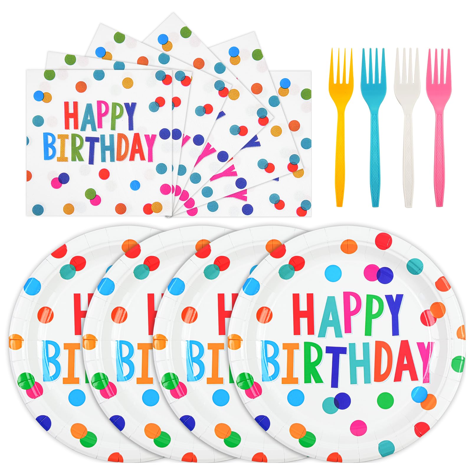 HFBOBP 72PCS Happy Birthday Paper Plates and Napkins Decorations, 7inch Colorful Dots Cake Dessert Plates with Forks Disposable Dinnerware Tableware
