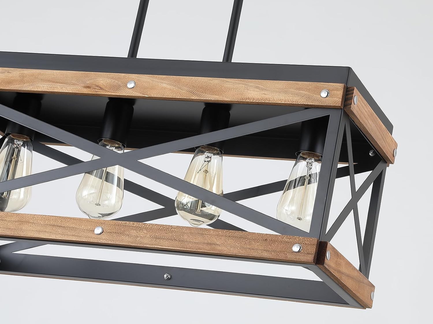 Rustic Farmhouse Plug in Kitchen Island Lighting, 4 Lights Rectangular Pendant Light Fixture with Adjustable Chain, Dimmable Switch, Oak Wood and Metal Linear Chandelier for Dining Room Home, Black