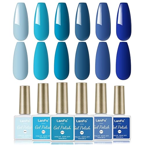 LanFo Juego de 6 esmaltes de gel azul con purpurina azul para todas las estaciones, UV LED, arte de uñas para salón en casa