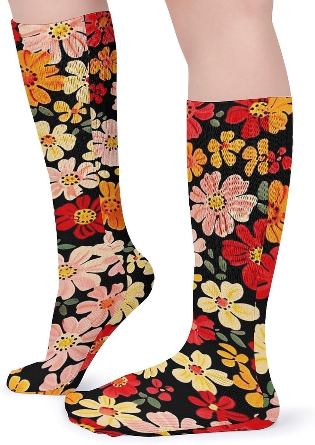 Breathable Boot Sock Red And Orange Flowers Socks for Women Men Cotton Sock Moisture-Wicking Warm Stockings Casual Long Socks for Hiking Work Sports 5 Pairs