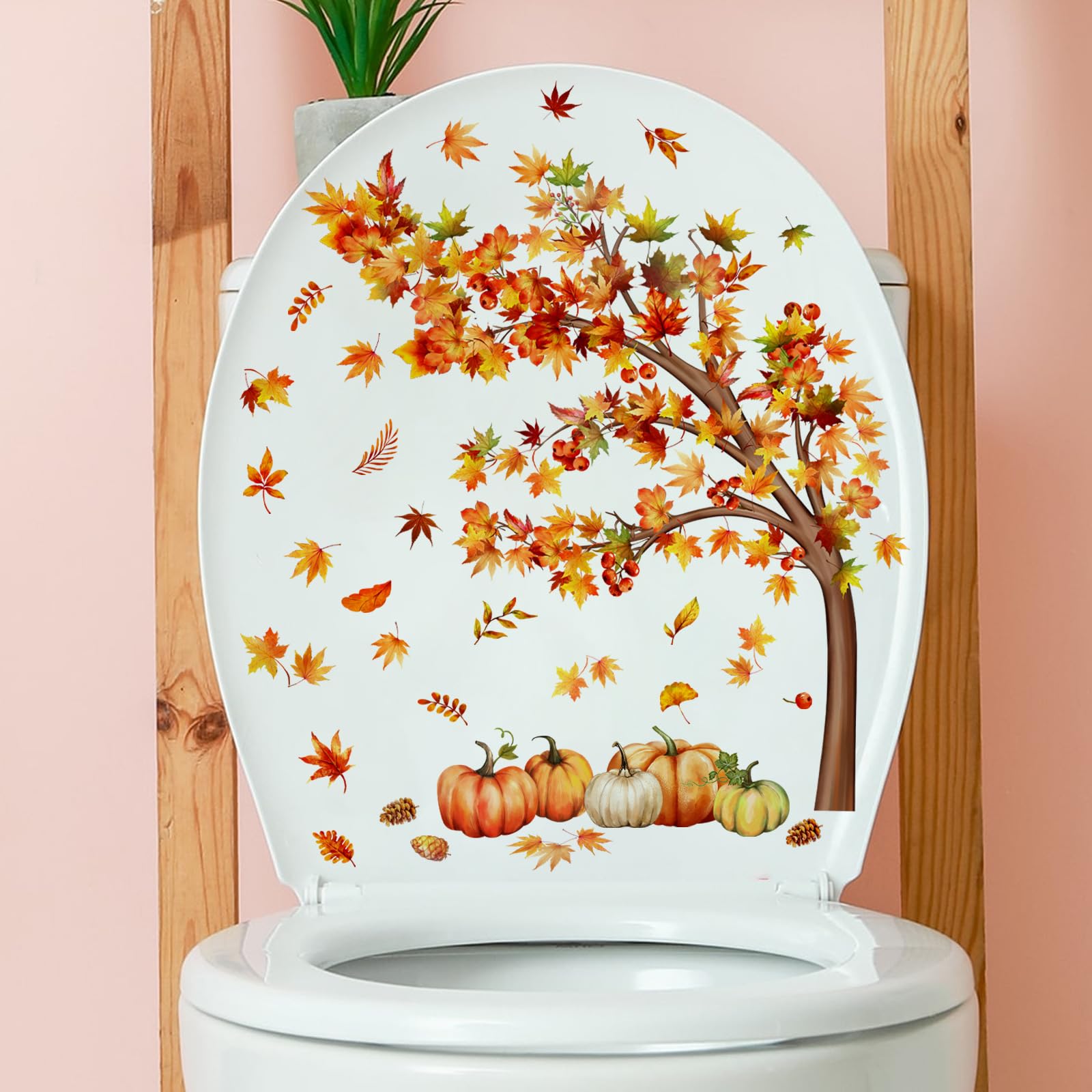 Maple Leaf Pumpkin Toilet Cover Sticker Decals,Halloween Pumpkin Maple Leaf Waterproof Toilet Lid Tank Seat Decals Cistern Self-Adhesive Bathroom Wall Sticker