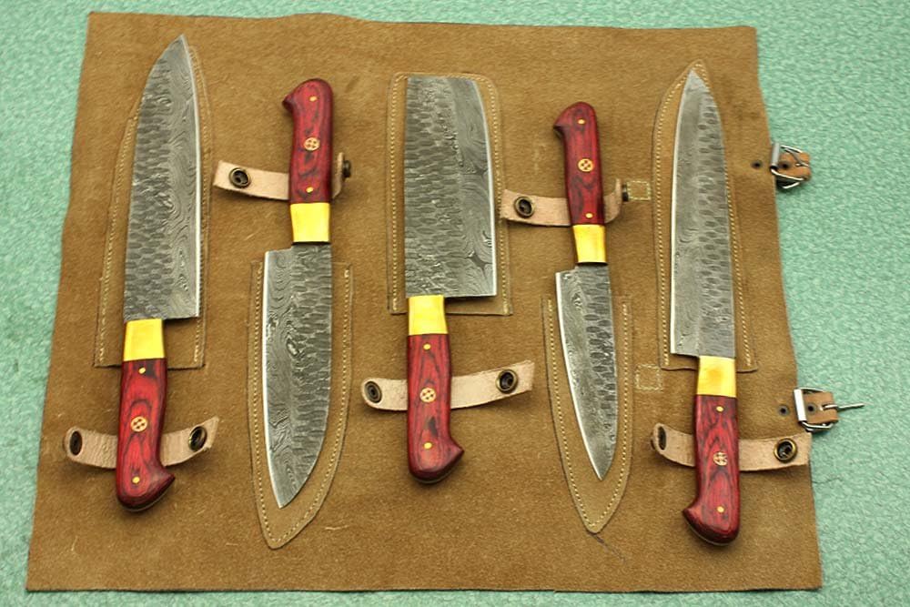 5 Pieces Damascus Steel Hammered Kitchen Knife Set, Custom Made Hand Forged Damascus Steel Full Tang Blade, Overall 54 inches Length of Hammered Damascus Sharp Knives, Cow Hide Suede Leather Sheath
