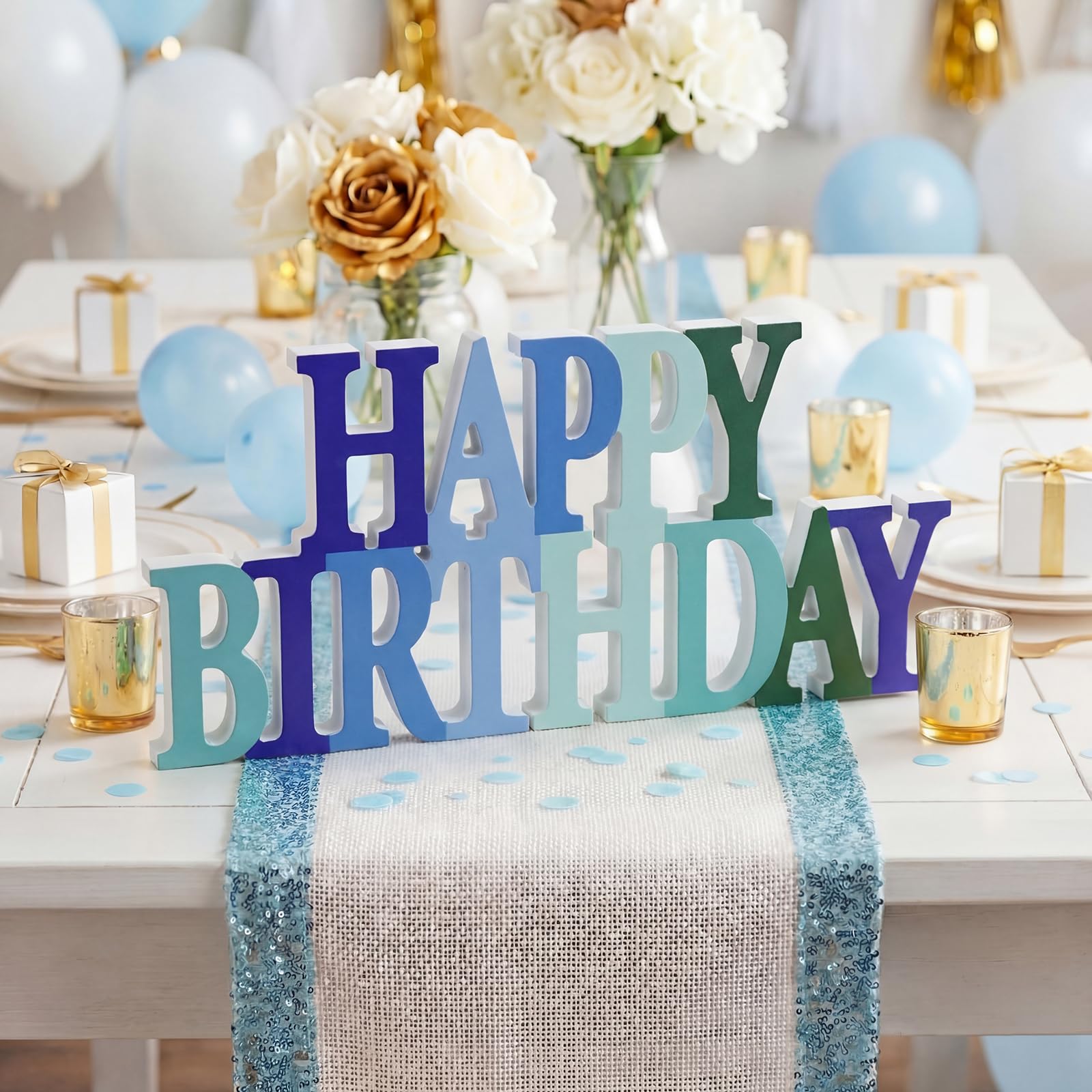 Novabright Brokatowy niebieski i zielony znak "Happy Birthday" dekoracja na stół dekoracje na przyjęcie urodzinowe dla kobiet urodziny tematyczne uroczystości artykuły imprezowe