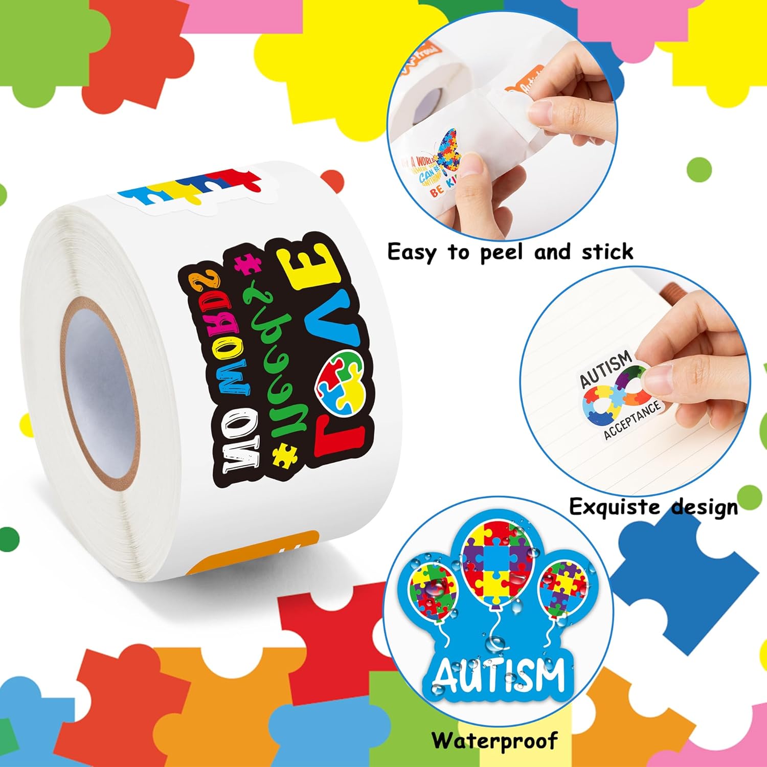 BeYumi Autism Awareness Roll Stickers - 1000Pcs Puzzle Pieces Ribbon Sticker in 2 Rolls Waterproof Vinyl Autism Awareness Decal Fundraiser Event Laptop Bottle Notebook Luggage Gift Decor for Kids Teen