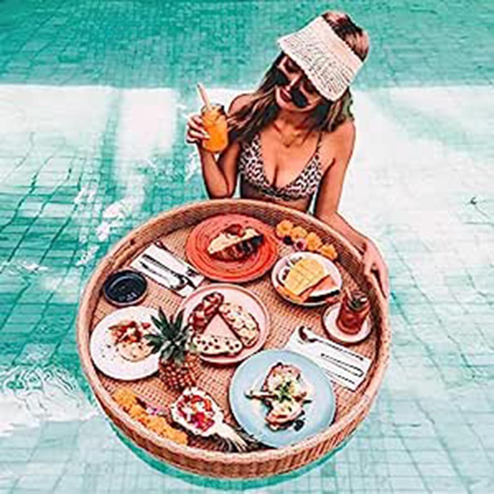 MINJUK Bandeja Flotante de Lujo con Bandeja Flotante para Mesa, Bandeja Flotante para Juegos o Cartas para Piscina, Bandeja de Mimbre para Servir para Piscina, Color m