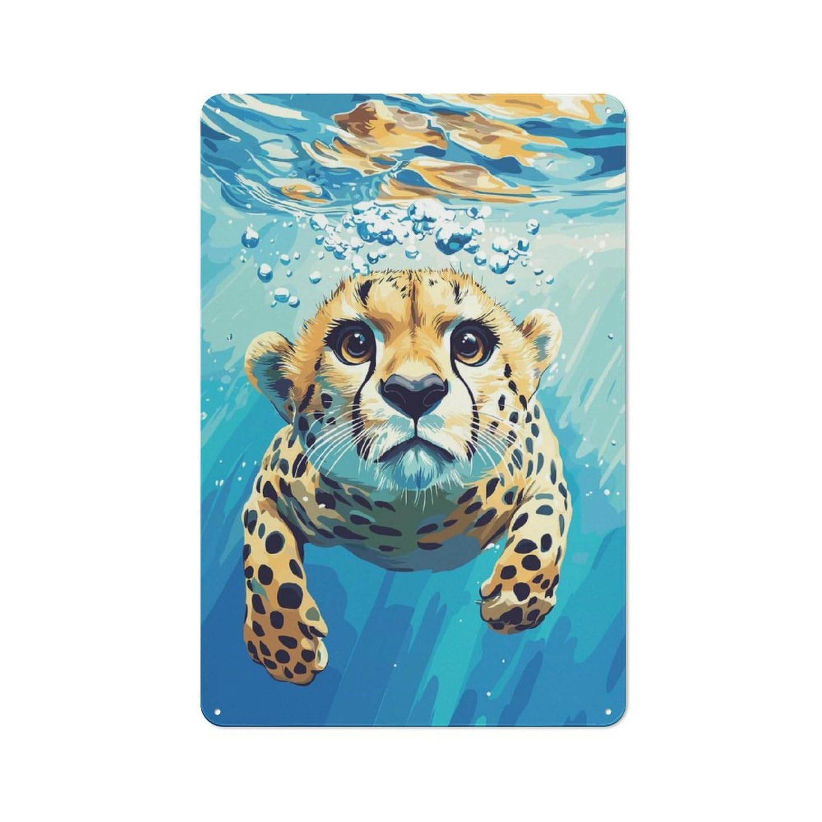 Junmoney Style-2 Cheetah Cub Swimming Underwater Illustration Vintage Metal Wall Decor 30X20cm, Tin Wall Sign For Restaurant, Kitchen, Counter Or Breakfast Nook