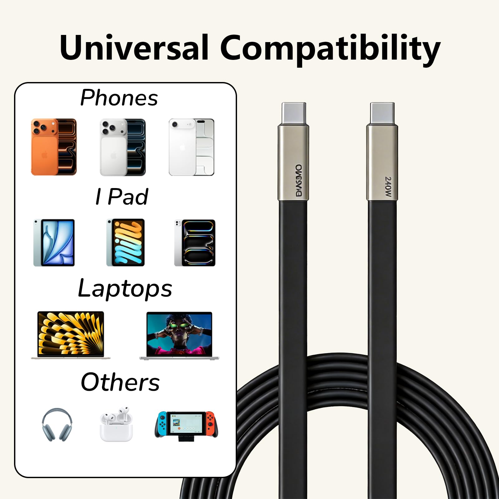 SIDEWAY Phone Charger 240W Silicone Cable with Detachable Stand - Universal Type-C, 90° Angle, 480Mbps Data Transfer Speed(balck) — view 5