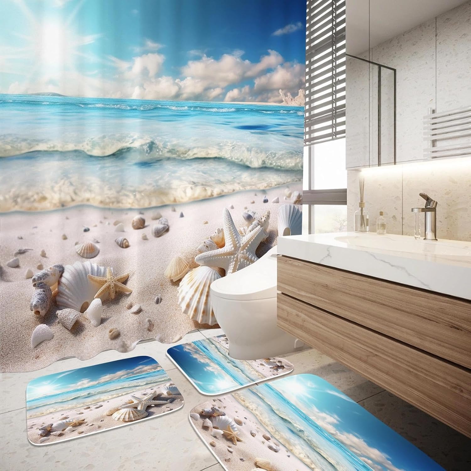 Beach Ocean Coastal Nautical 4 Pcs Bathroom Sets with Shower Curtain Set and Rugs, Non-Slip Rugs Bath Mat U Shaped Mat Tropical Seashell Shower Curtains Waterproof with 12 Hooks, 72 x 72 Inch Blue