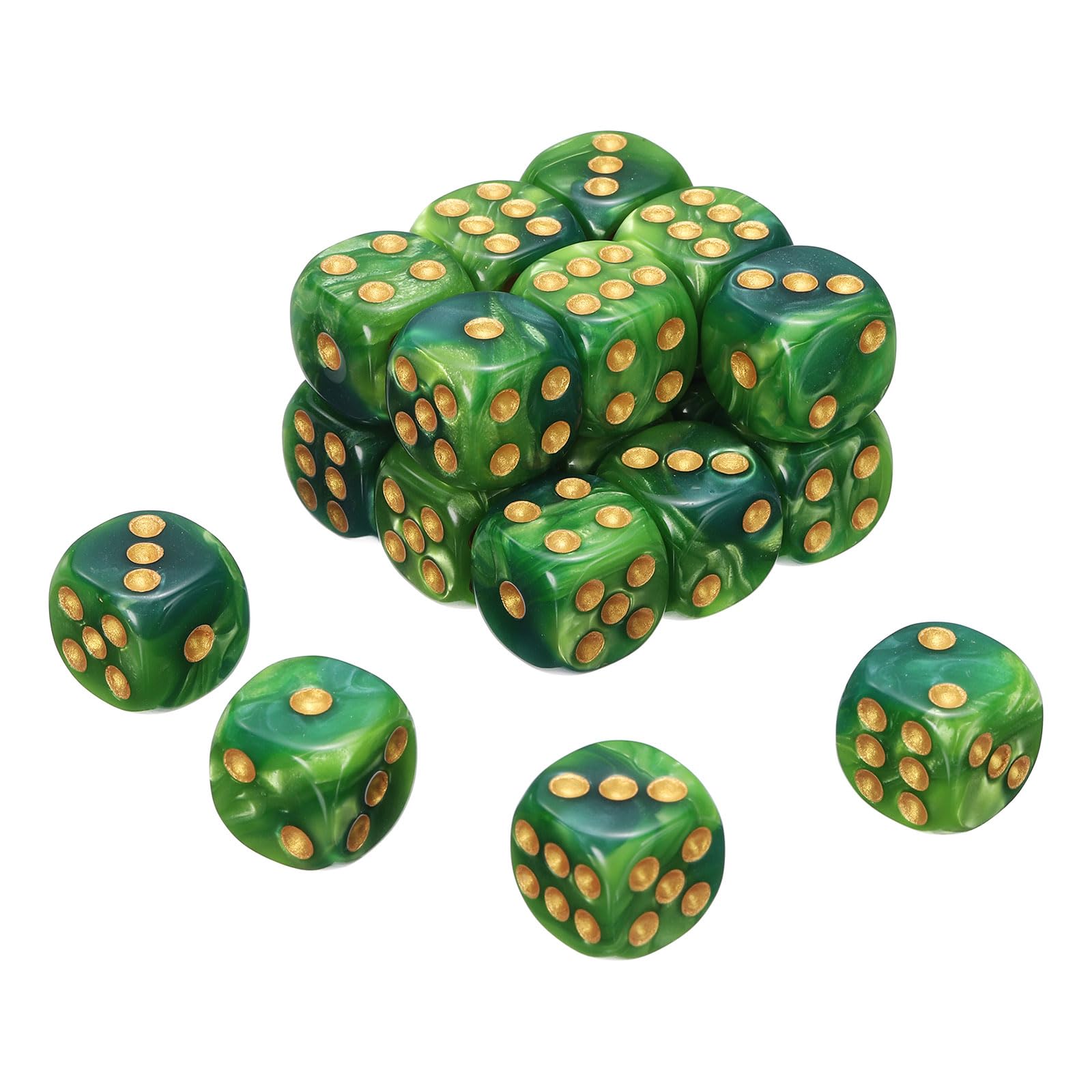 QUARKZMAN 20 szt. 6-stronnych kolorowych standardowych kostek 16 mm akryl D6 mini wielościenne wzory perłowe dwukolorowe kostki zestaw do gier stołowych ciemnozielone/jasnozielone złote kropki