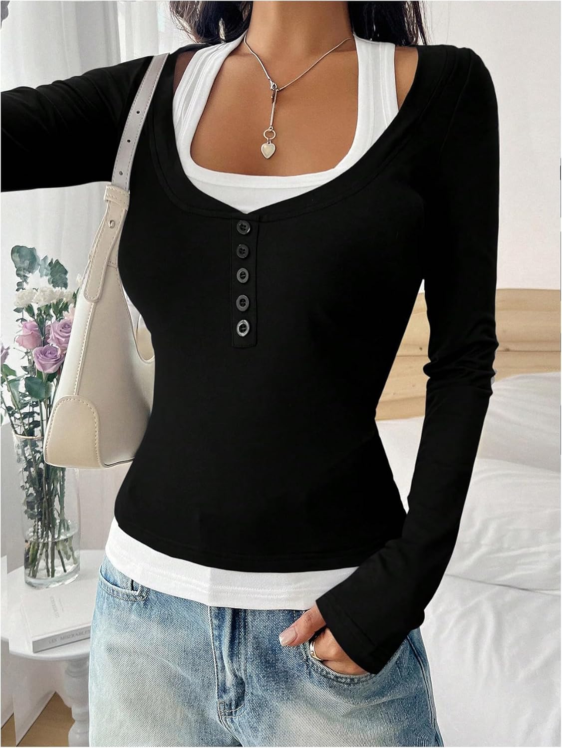 SOLY HUX Women's Long Sleeve Shirts Y2K Going Out Tops Halter Neck Slim Fitted Henley T Shirts Fall Clothes - Image 4