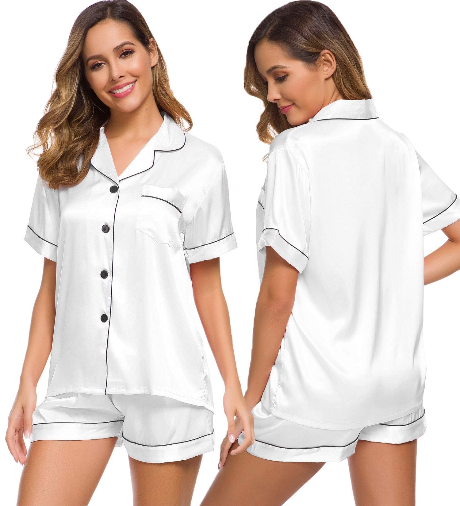 SWOMOG Satin Pyjama Damen Kurz Schlafanzug mit Knopf Frauen Seide Nachtwäsche Zweiteiliger Pjs Sets Hausanzug