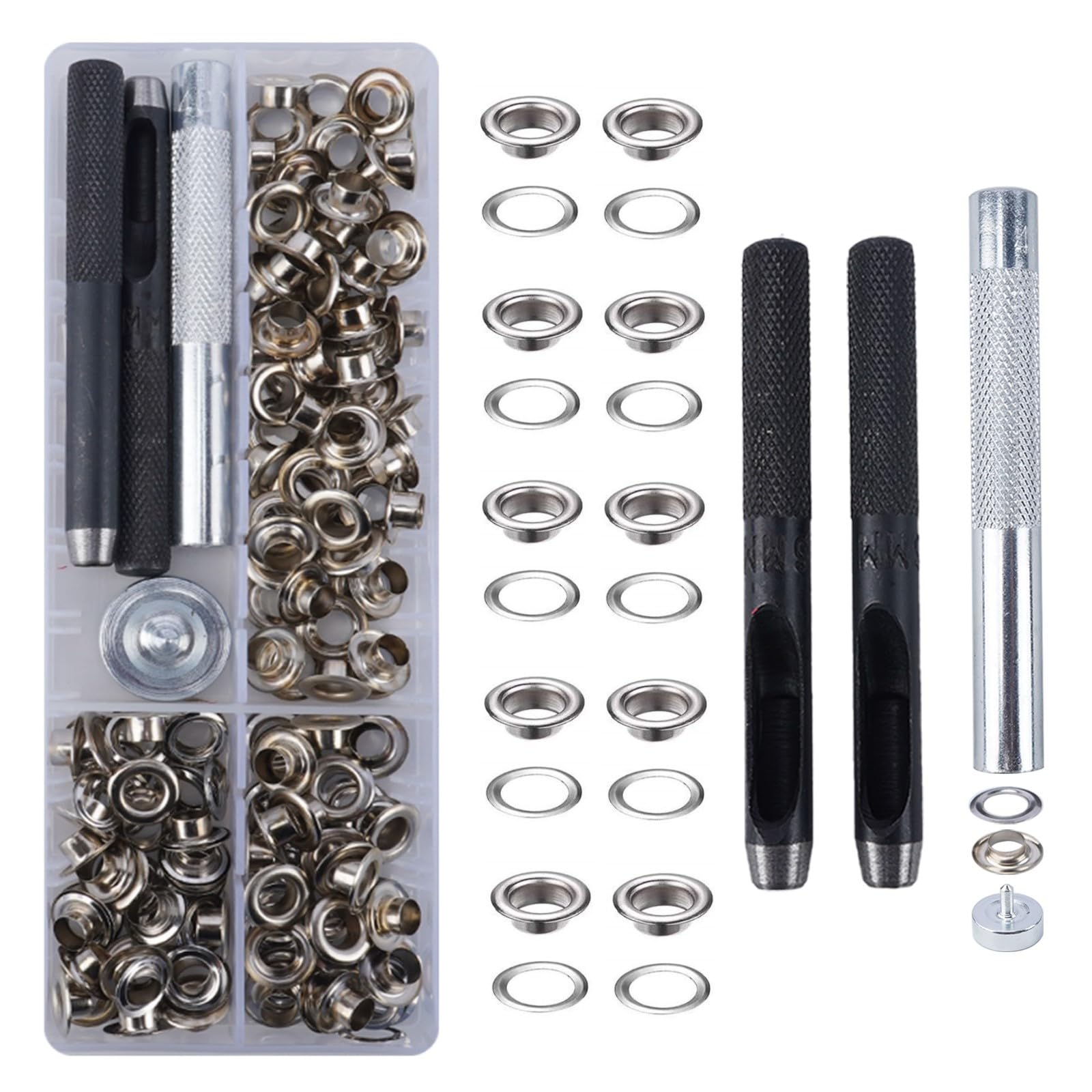 KINDPMA 120 Sets Eyelet Punch Kit 6mm Eyelets and Punch Eyelet Kit 1/4 inch Grommet Kit Metal Grommets Eyelets Tarpaulin Repair Kit with Install Tool Box Eyelets for Fabric Canvas Leather Belt Shoes