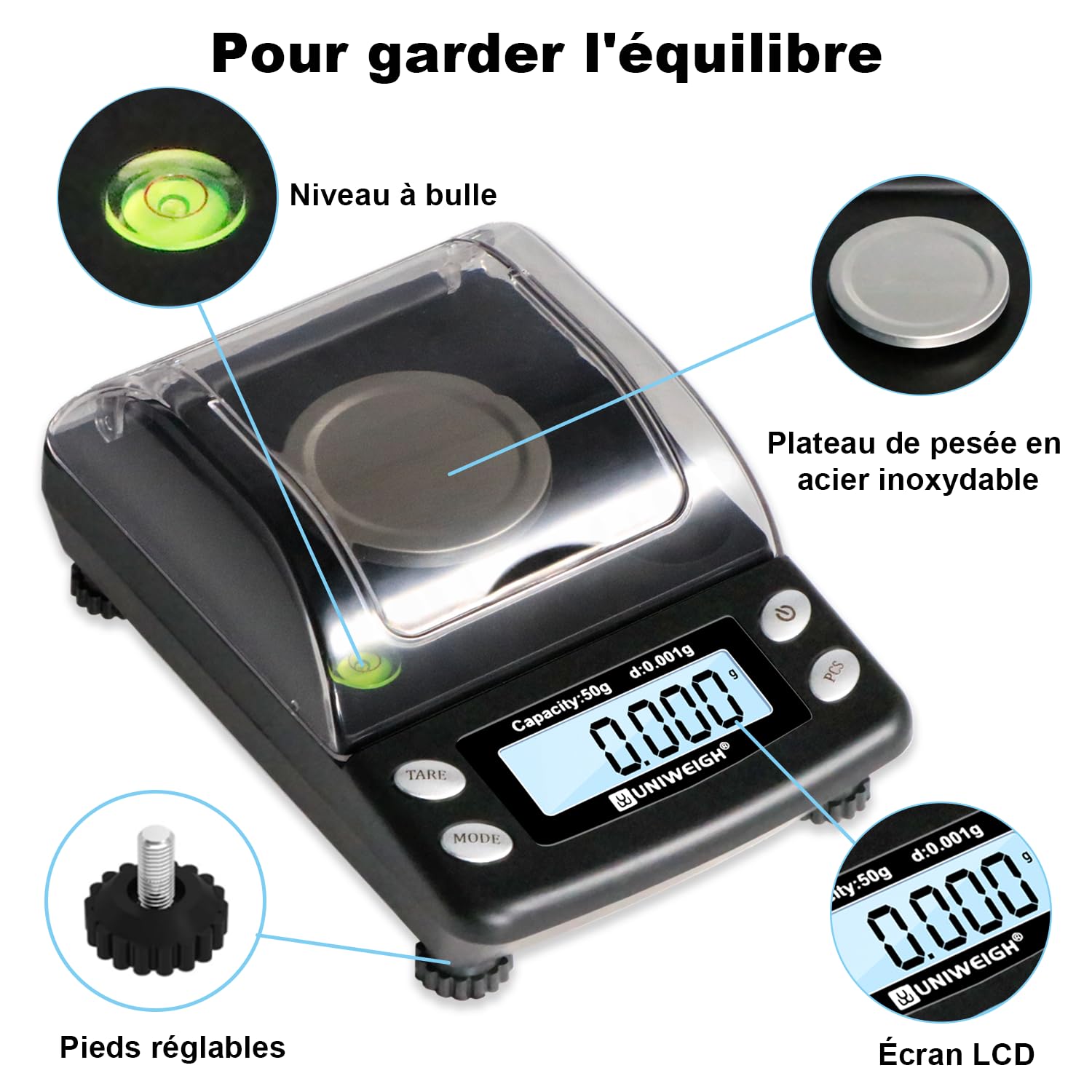UNIWEIGH Balance Digitale Précise 0.001g/50g en Milligramme - Pour Bijoux, Poudre, Or - Micro Balance Avec 6 Unités, Tare, Poids Calibre - De Poche Avec USB et Batterie | Balance de précision pour bijoux, or, pierres précieuses, rechargement, micro-gramme