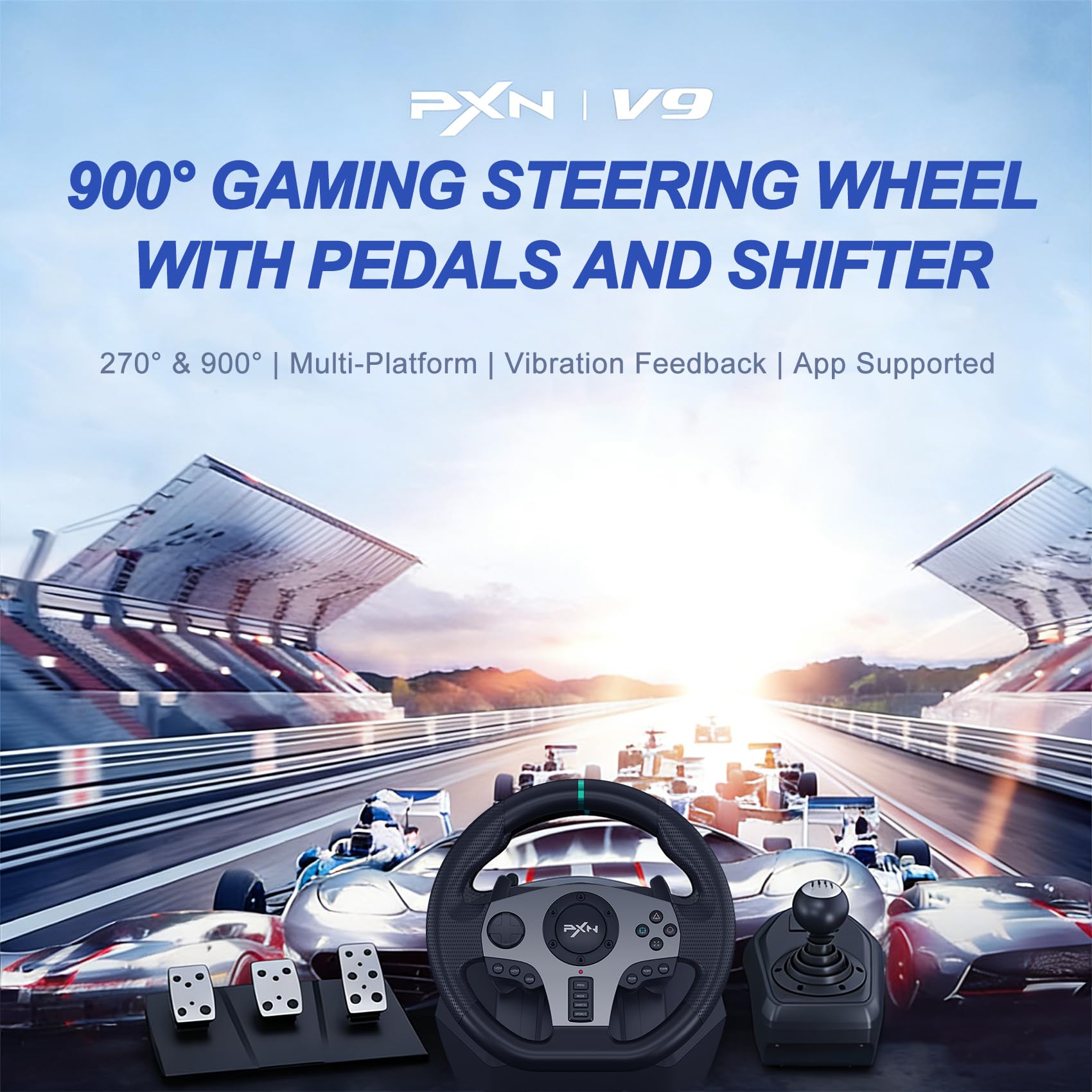 PXN V9 Volant de Jeux avec Pédales et Levier de Vitesses, 270/900° Volant de Course, Retour de Vibratoire pour PS4, Xbox One, Xbox Series X&S, PC, PS3, Switch