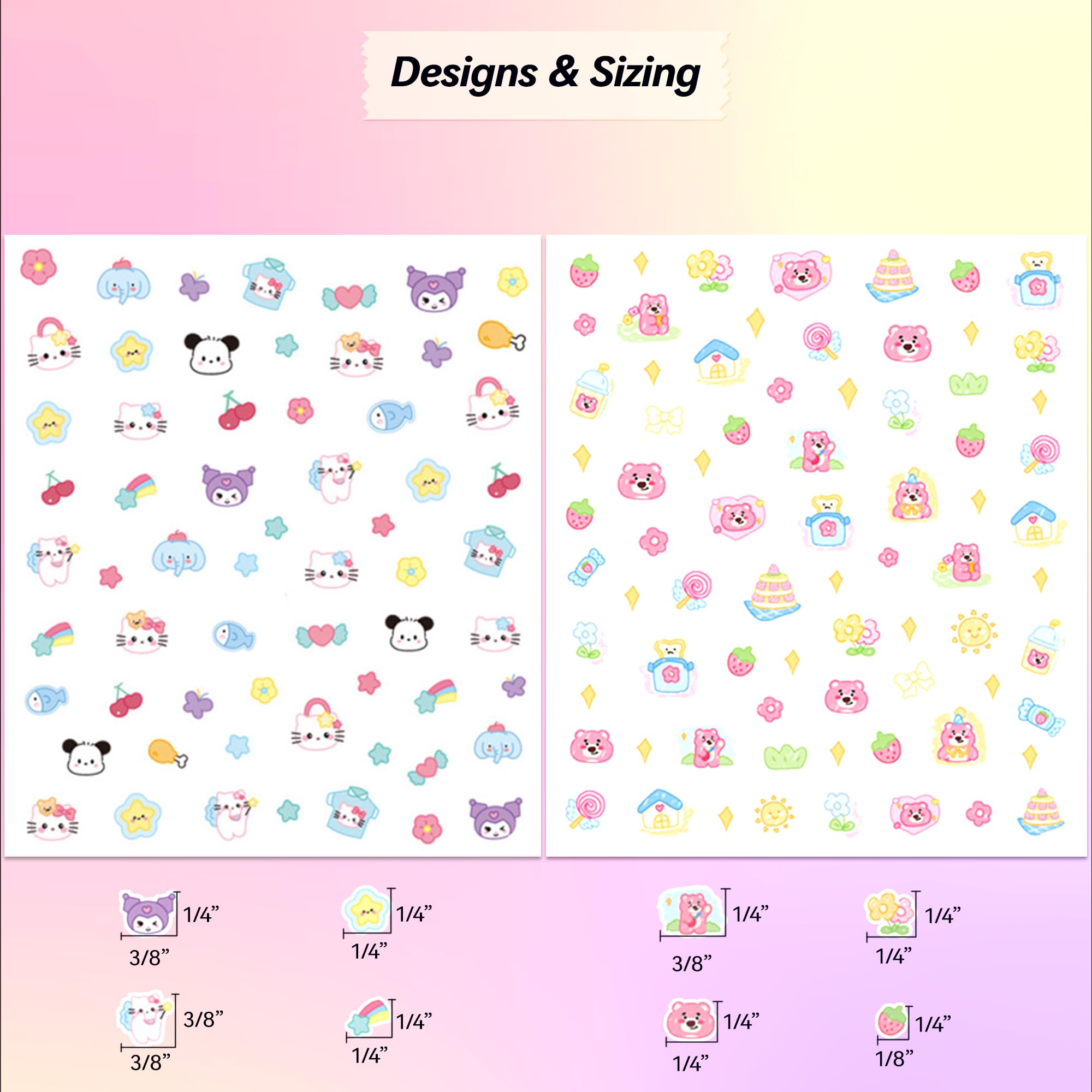 10 fogli di adesivi per unghie 3D, 719 simpatiche decalcomanie per unghie in rilievo, per bambini, tema Kawaii, farfalle, fiori, gatti, conigli, stelle, frutta, luccicanti