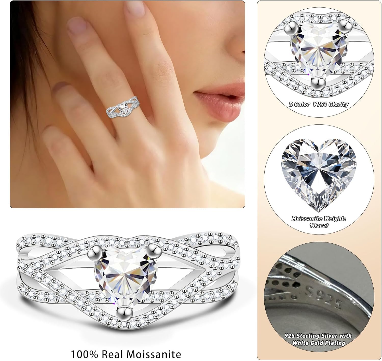 Moissanite Wedding Band for Women 925 Sterling Silver Wedding Rings 1ct D Color VVS1 Lab Created Half Eternity Anniversary Rings for Her 18K White Gold Plated Size 6-8 - Image 5