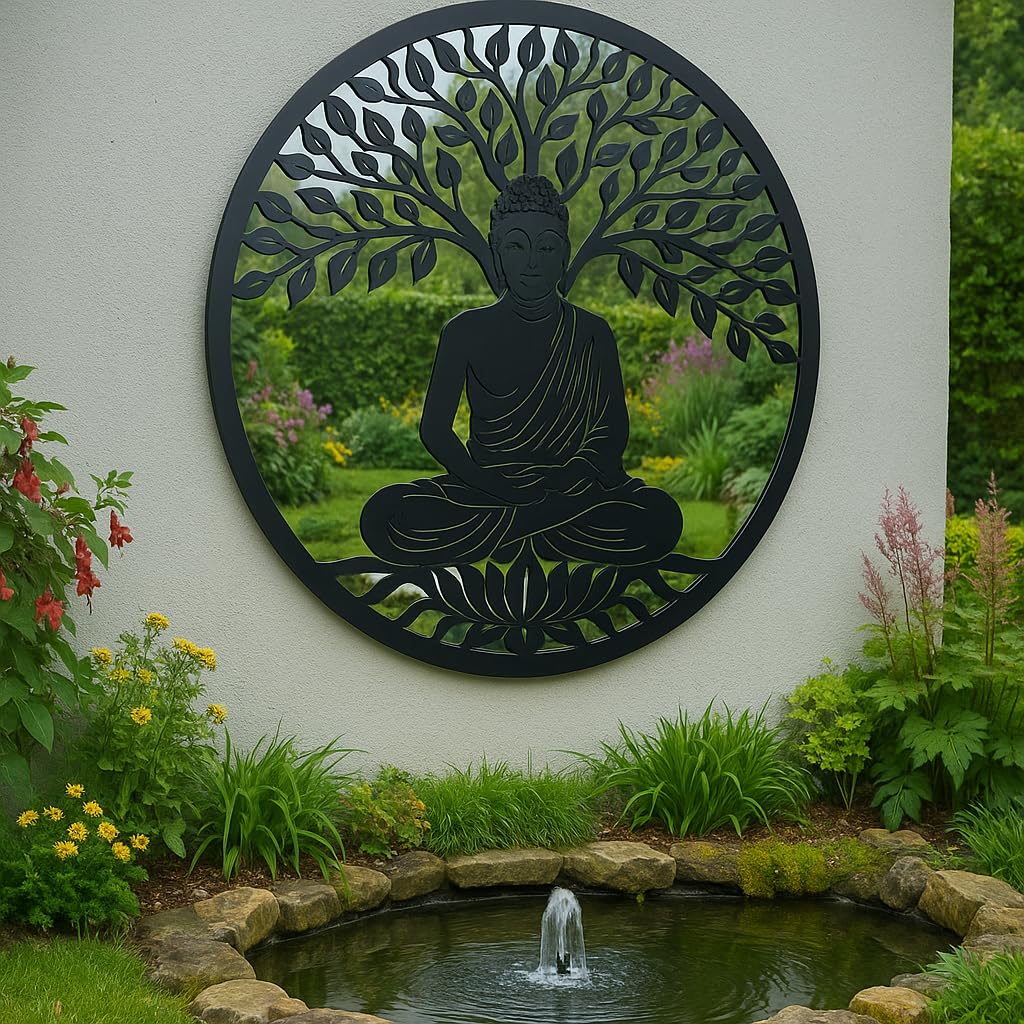 Marissa's Garden & Gift Black Buddha Tree Of Life Metal Wall Art, With Acrylic Mirror, 60Cm Round Wall Plaque, Handmade Powder Coated Steel, Indoor And Outdoor Garden Decor