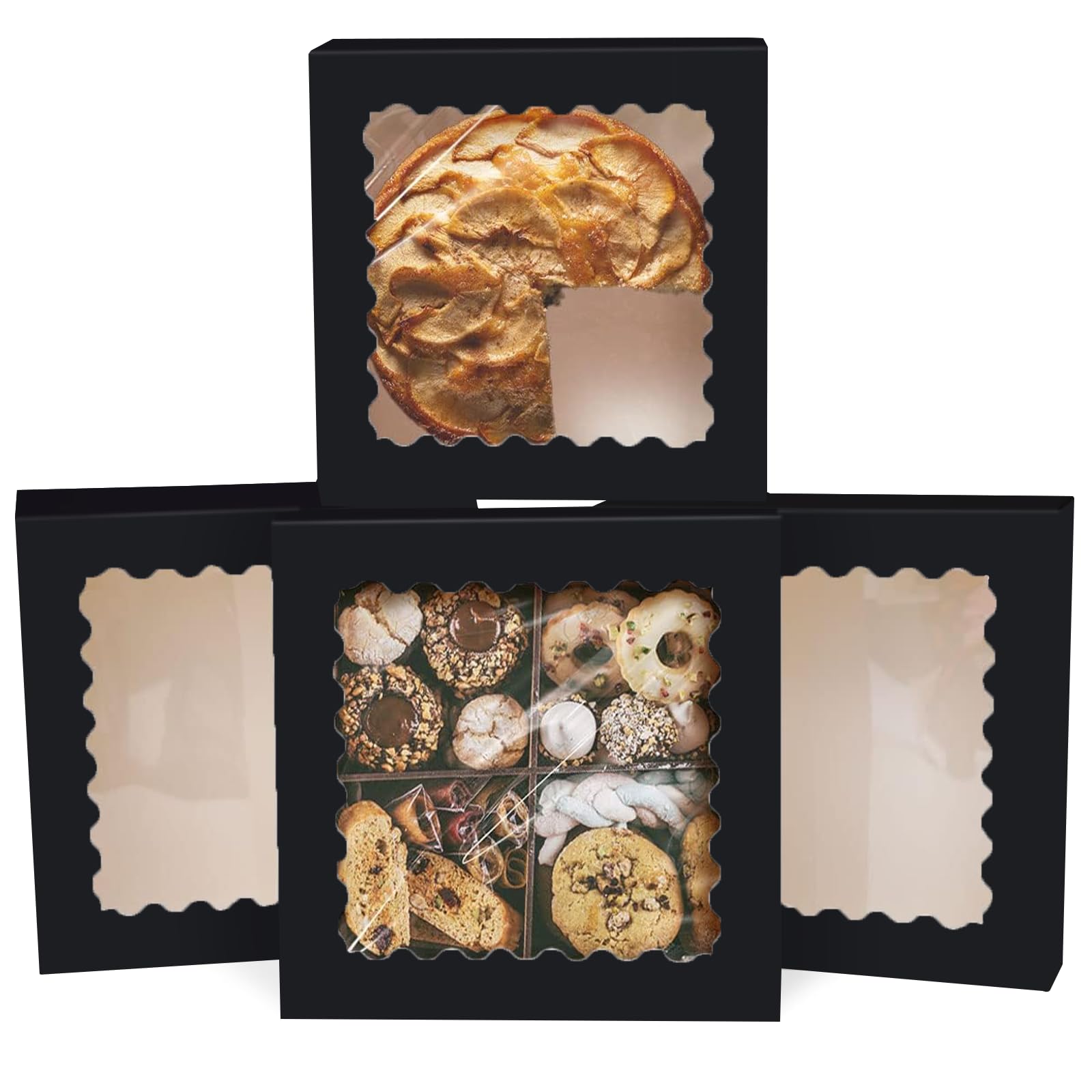Gcardist Auto-pop Up Black 25.4x25.4x6.4cm 12Pcs Cookie Box with Window Pastry Macaron Bakery Box For Packaging (10x10x2.5 inch)