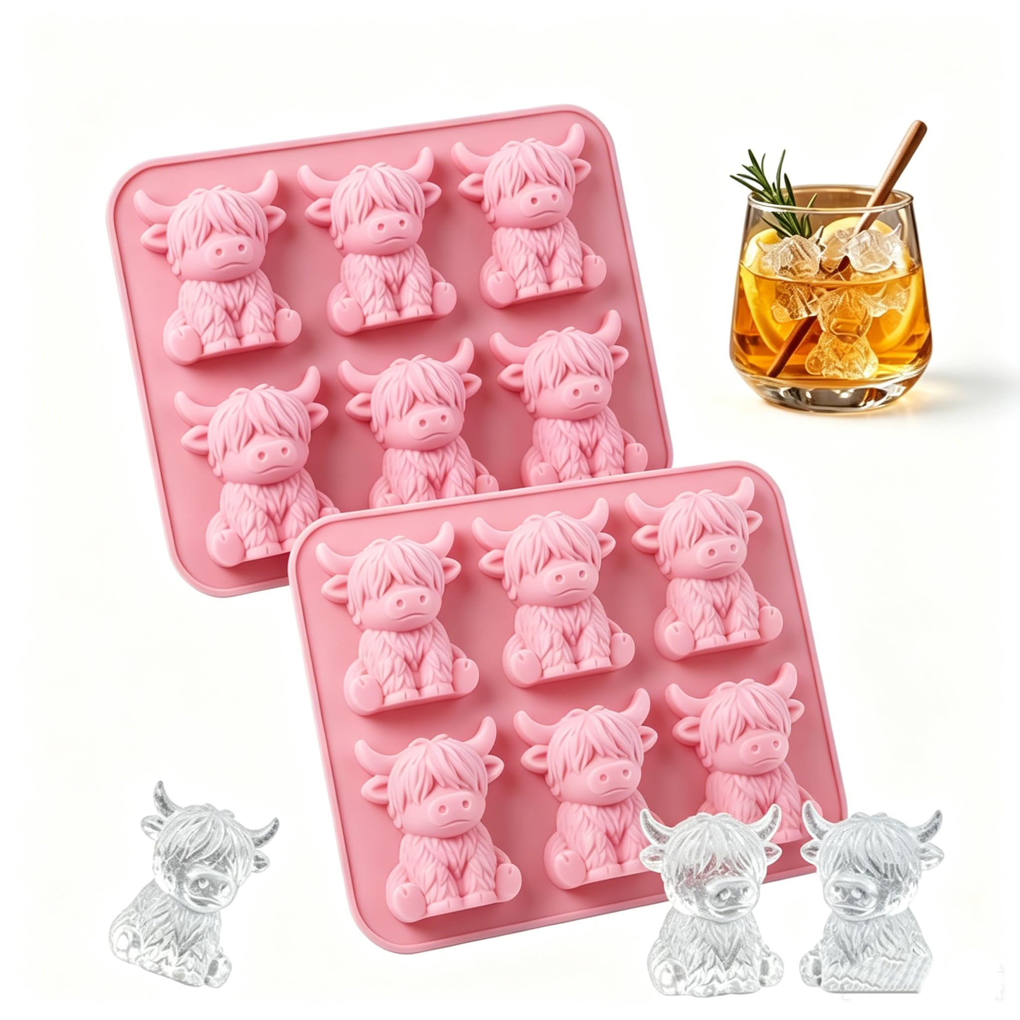 2Pcs Mini Highland Cow Ice Cube Tray 6-Cavity Silicone Ice Cube Mold 3D Animal Ice Cube Trays Novelty Freezer Mould for Whiskey Cocktails Chocolate Coffee Highland Cow Gifts for Women Men (2Pcs Pink)