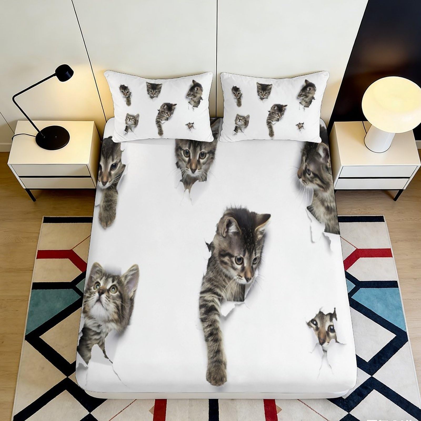 Jqzkxnhpbr Style-6 3D Printed Realistic Cat Pattern Fitted Sheet Microfiber White Animal Bed Cover Non-Slip Machine Washable For Bedroom Guest Room 90X200x25cm