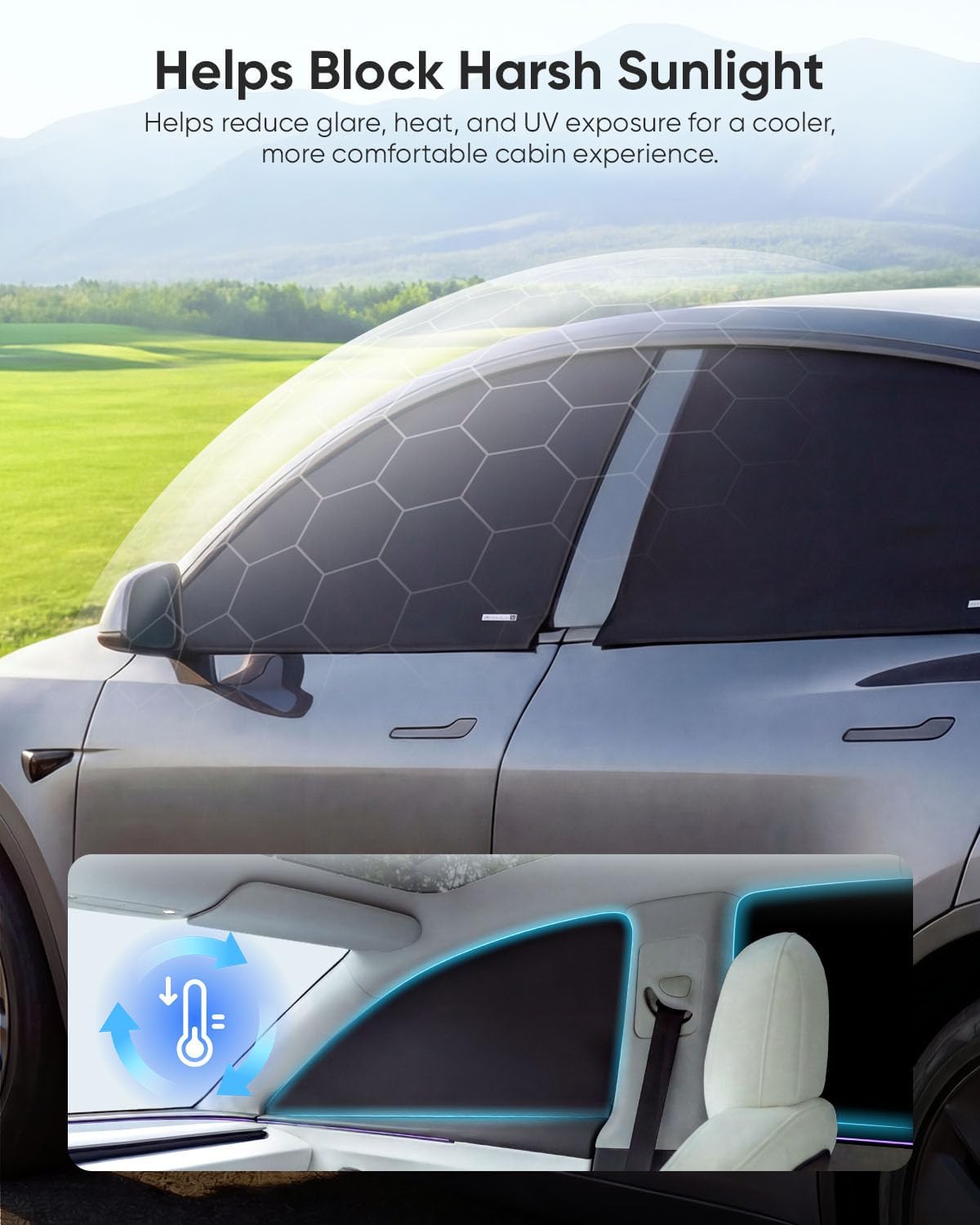 TEMAI Side Window Sunshades 6PCS for Tesla Model Y Juniper 2025-2026, [UPF 50+] Full Blackout Privacy Car Window Covers, Titanium Silver Heat Shield, Window Roll Down Compatible, Car Camping Gear