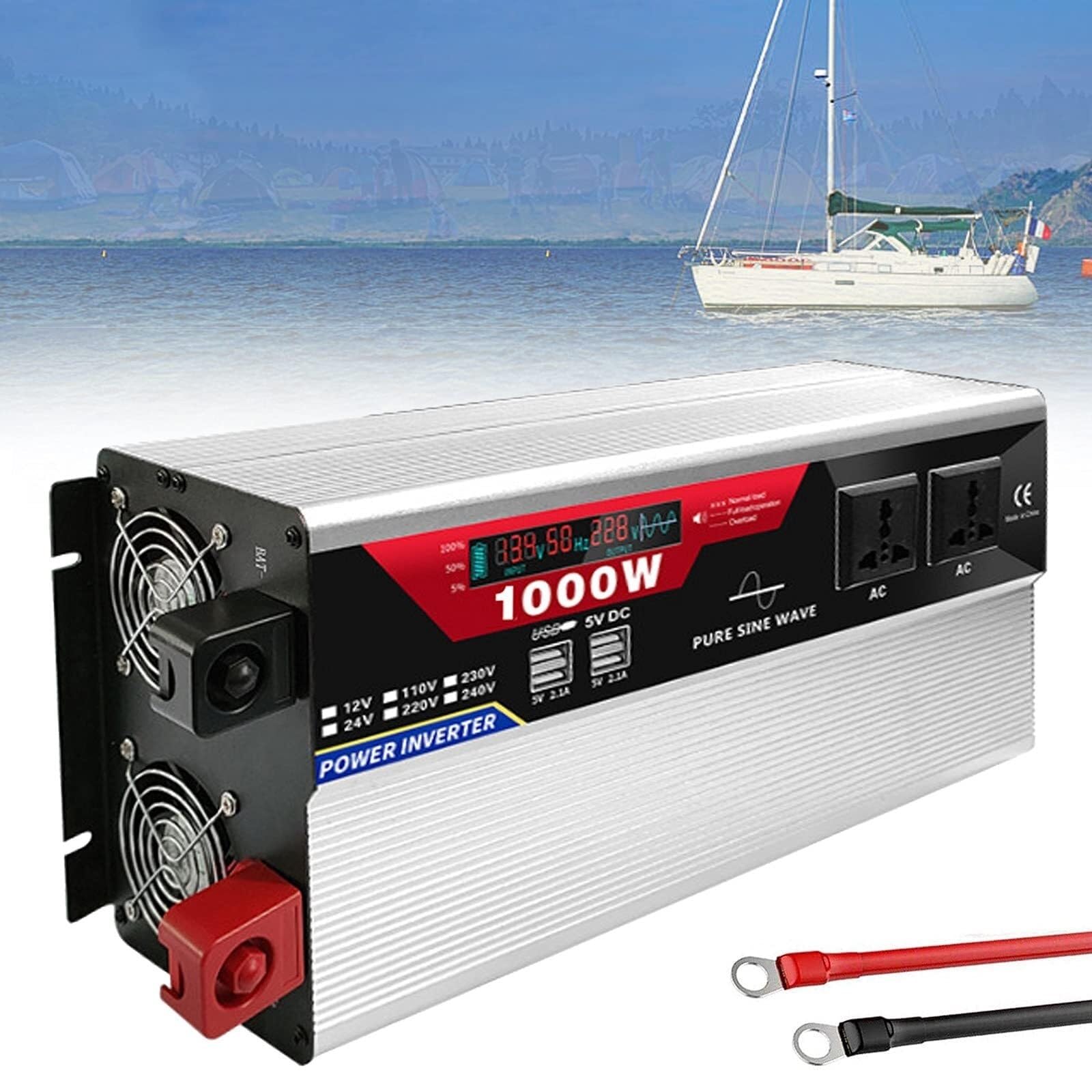 NVSFZGIYG Power Inverter 1000W 1500W 2000W 3000W 12V/24VDC to 110V/220V AC Pure sine Wave Converter with 2 Outlets 6 USB(12Vto110V,1000W)
