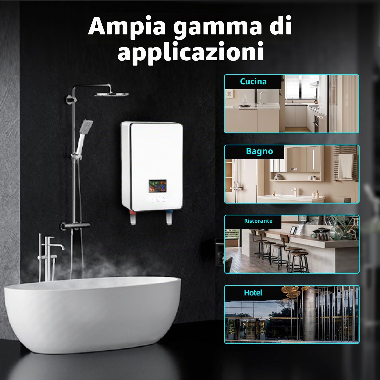 Scaldabagno Elettrico Istantaneo Senza Serbatoio, Digitale, Adatto per Bagno, Parrucchieri, Hotel, Centri Estetici, Scuole, Ospedali, 18,6 * 5,7 * 27,7 cm (Bianco)
