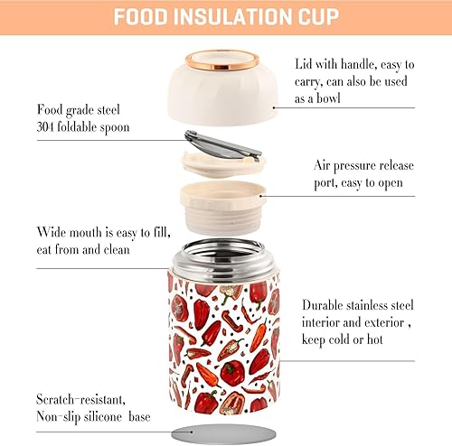 Miniatura 4 de Red Pepper Food Jar with Spoon Stainless Steel Vacuum Insulated Food Container 17 oz Food Thermos for Adults