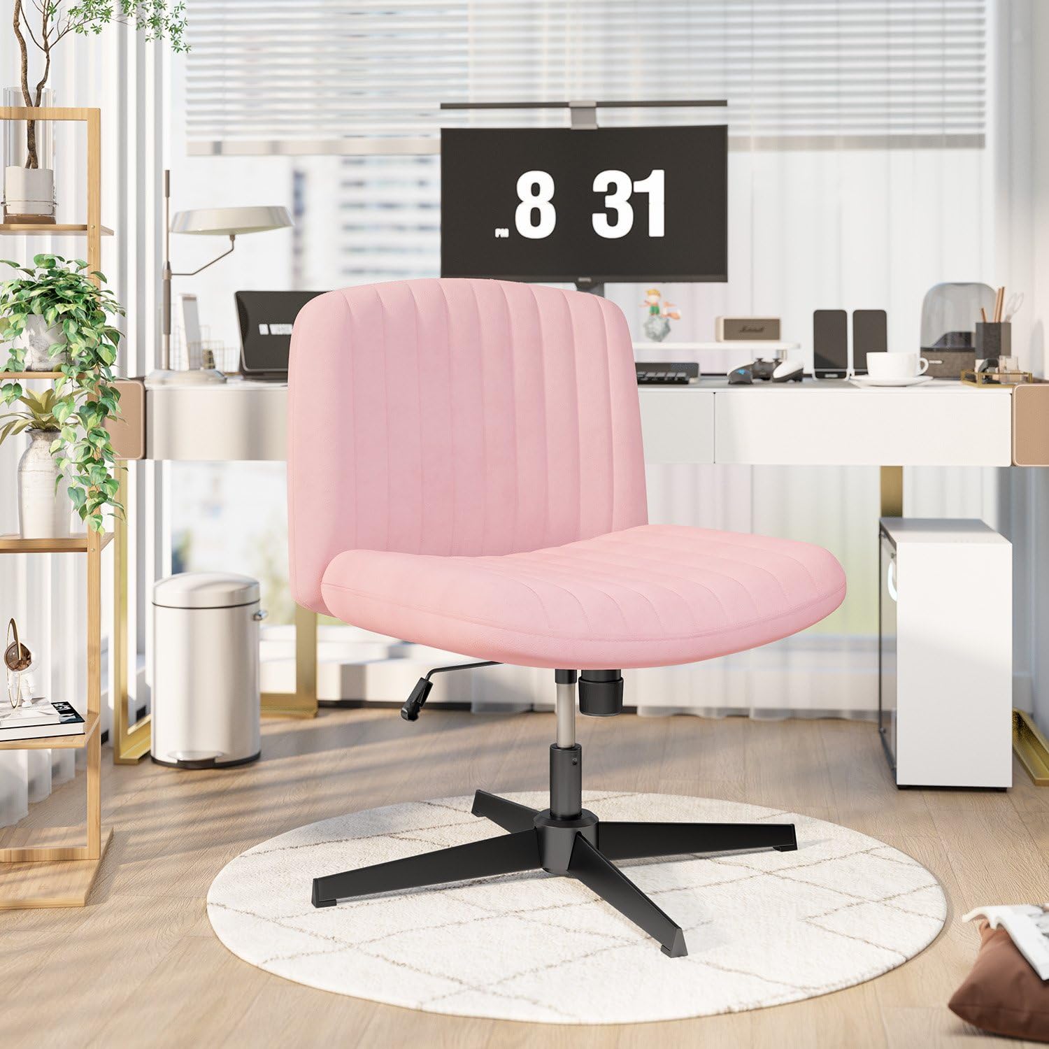 Chaise de bureau ergonomique sans accoudoirs sans roulettes – Large flanelle douce, pivotante à 360° et hauteur réglable, design moderne pour la maison (rose)